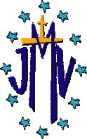 Logotipo da JMV: JMV em letras azuis sendo o M atravessado por uma cruz amarela com base, emoldurado por 12 estrelas